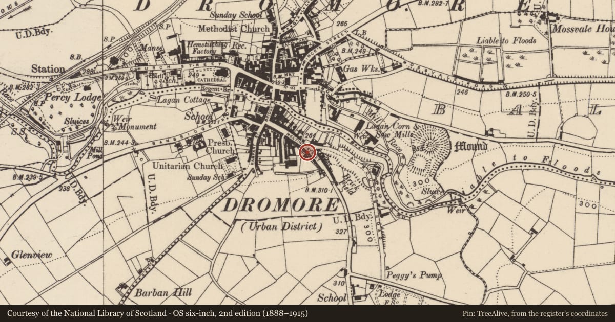 Ordnance Survey six-inch map, 2nd edition (1888–1915) covering the location of 42 Meeting Street, Drumbroneth, Armagh City, Banbridge and Craigavon, with a pin at the register's coordinates