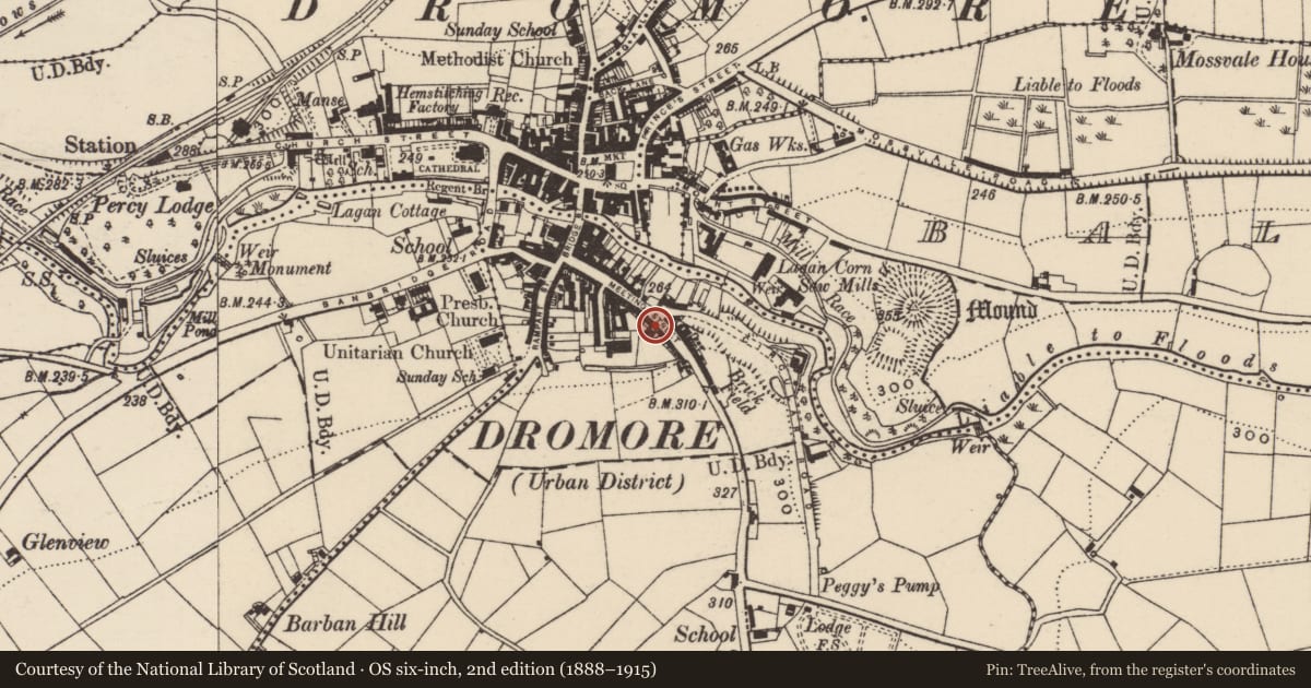 Ordnance Survey six-inch map, 2nd edition (1888–1915) covering the location of 44 Meeting Street, Drumbroneth, Armagh City, Banbridge and Craigavon, with a pin at the register's coordinates