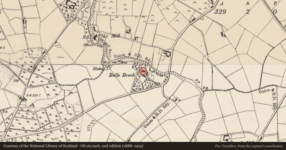 Ordnance Survey six-inch map, 2nd edition (1888–1915) covering the location of Bulls Brook, Armagh City, Banbridge and Craigavon, with a pin at the register's coordinates