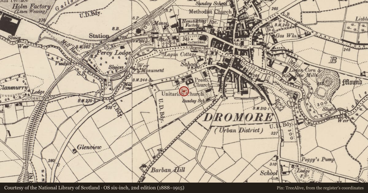 Ordnance Survey six-inch map, 2nd edition (1888–1915) covering the location of Sundial at Skeagh House, Balleny, Armagh City, Banbridge and Craigavon, with a pin at the register's coordinates