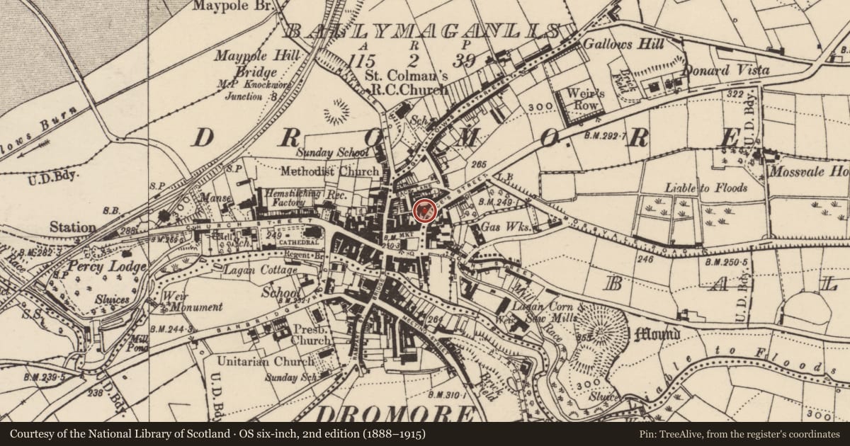 Ordnance Survey six-inch map, 2nd edition (1888–1915) covering the location of 3-5 Prince?s Street, Armagh City, Banbridge and Craigavon, with a pin at the register's coordinates