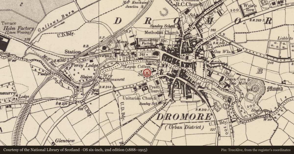 Ordnance Survey six-inch map, 2nd edition (1888–1915) covering the location of Dromore Central Primary School, Balleny, Armagh City, Banbridge and Craigavon, with a pin at the register's coordinates