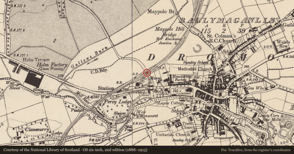Ordnance Survey six-inch map, 2nd edition (1888–1915) covering the location of Bridge at 94 Church Street, Ballymaganlis, Armagh City, Banbridge and Craigavon, with a pin at the register's coordinates