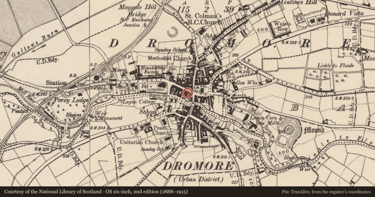 Ordnance Survey six-inch map, 2nd edition (1888–1915) covering the location of 5 Church Street, Ballymaganlis, Armagh City, Banbridge and Craigavon, with a pin at the register's coordinates
