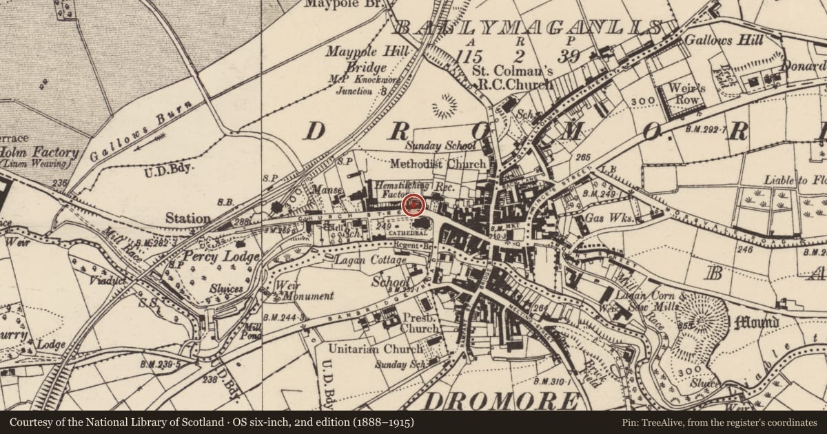 Ordnance Survey six-inch map, 2nd edition (1888–1915) covering the location of 36 Church Street, Balleny, Armagh City, Banbridge and Craigavon, with a pin at the register's coordinates