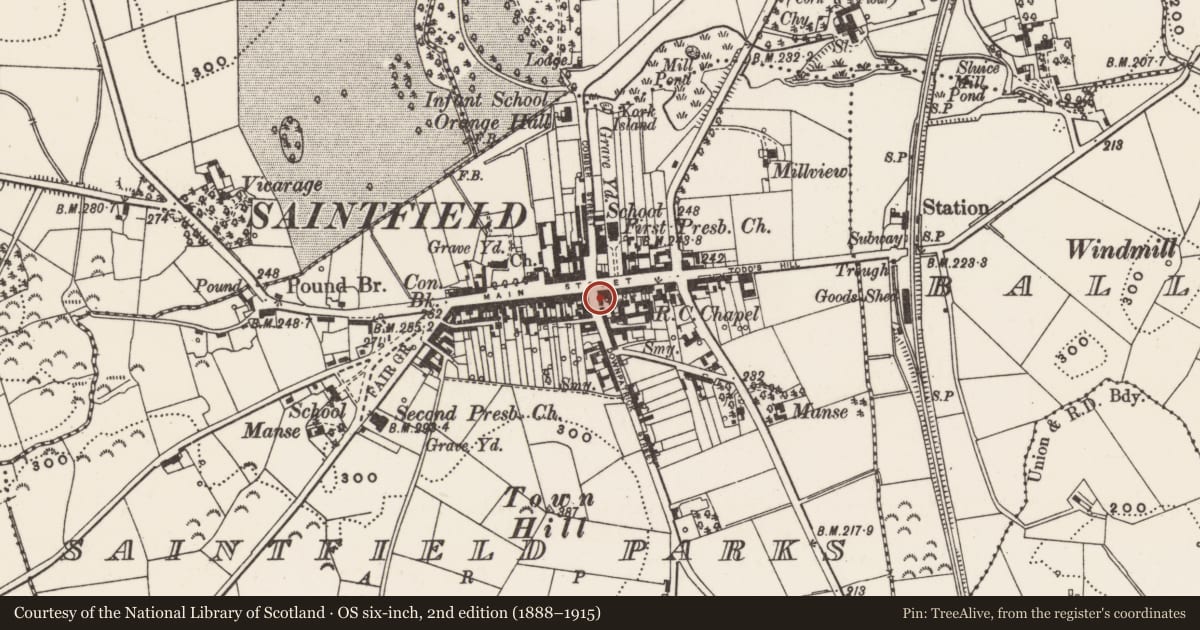 Ordnance Survey six-inch map, 2nd edition (1888–1915) covering the location of 28-30 Main St., Newry, Mourne and Down, with a pin at the register's coordinates