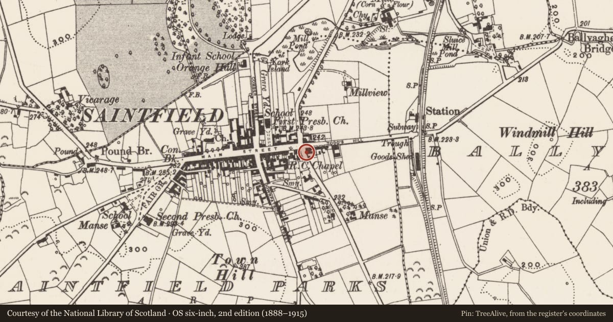 Ordnance Survey six-inch map, 2nd edition (1888–1915) covering the location of 2 Crossgar Road, Newry, Mourne and Down, with a pin at the register's coordinates