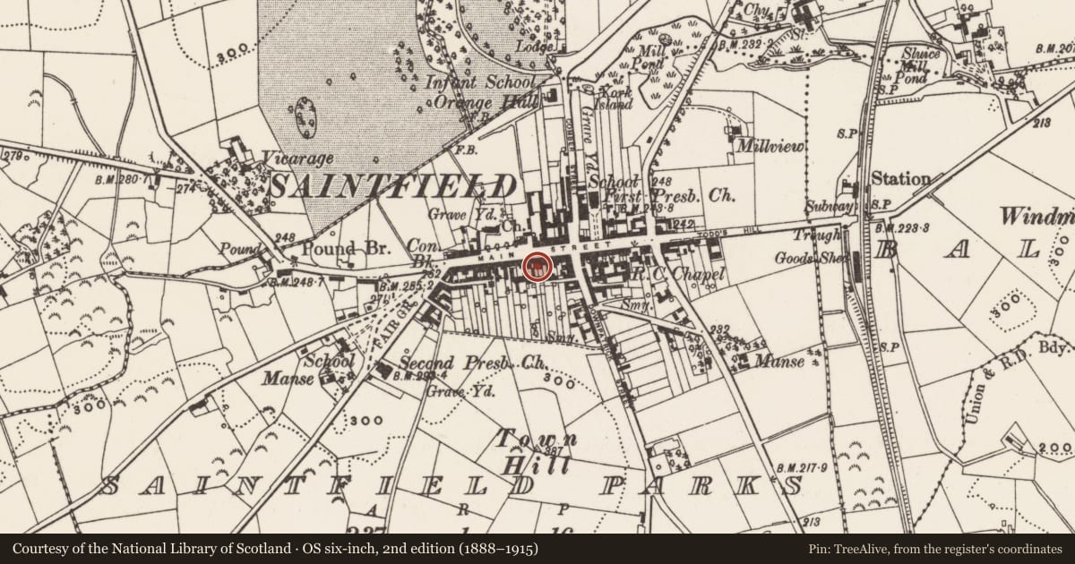 Ordnance Survey six-inch map, 2nd edition (1888–1915) covering the location of 50 Main St., Newry, Mourne and Down, with a pin at the register's coordinates