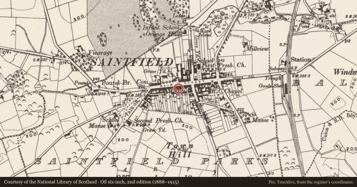 Ordnance Survey six-inch map, 2nd edition (1888–1915) covering the location of 52 Main St., Newry, Mourne and Down, with a pin at the register's coordinates