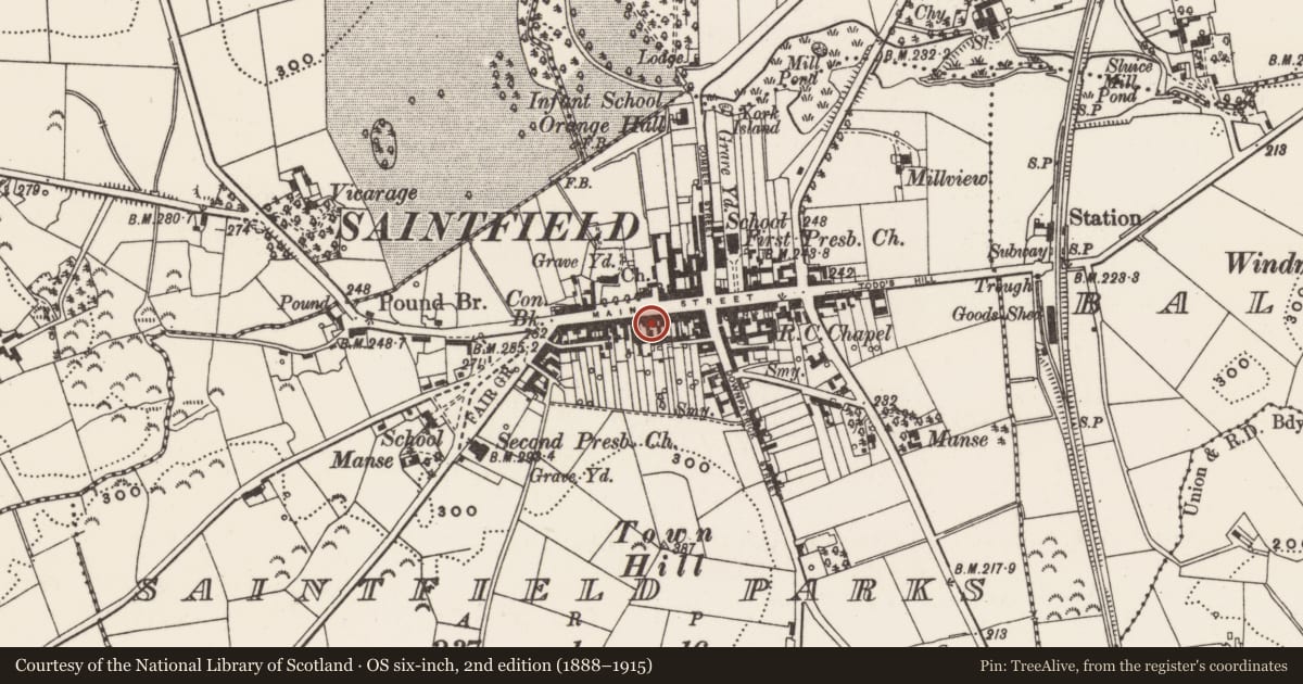 Ordnance Survey six-inch map, 2nd edition (1888–1915) covering the location of 54 Main St., Newry, Mourne and Down, with a pin at the register's coordinates
