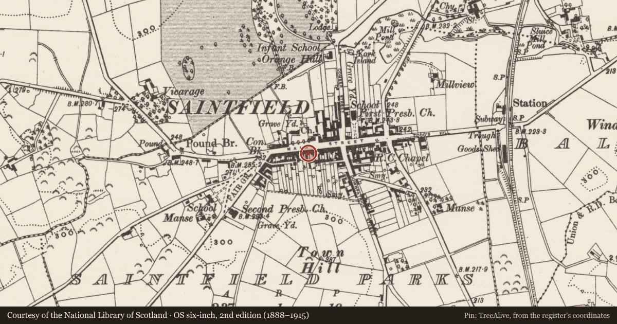 Ordnance Survey six-inch map, 2nd edition (1888–1915) covering the location of 58 Main St., Newry, Mourne and Down, with a pin at the register's coordinates