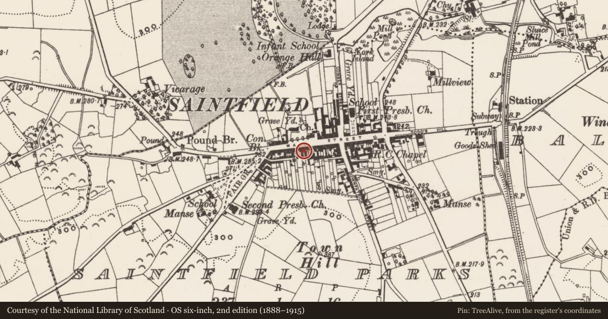 Ordnance Survey six-inch map, 2nd edition (1888–1915) covering the location of 60 Main St., Newry, Mourne and Down, with a pin at the register's coordinates