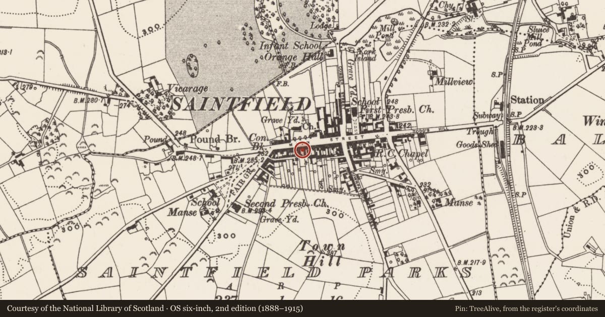 Ordnance Survey six-inch map, 2nd edition (1888–1915) covering the location of 64 Main St., Newry, Mourne and Down, with a pin at the register's coordinates