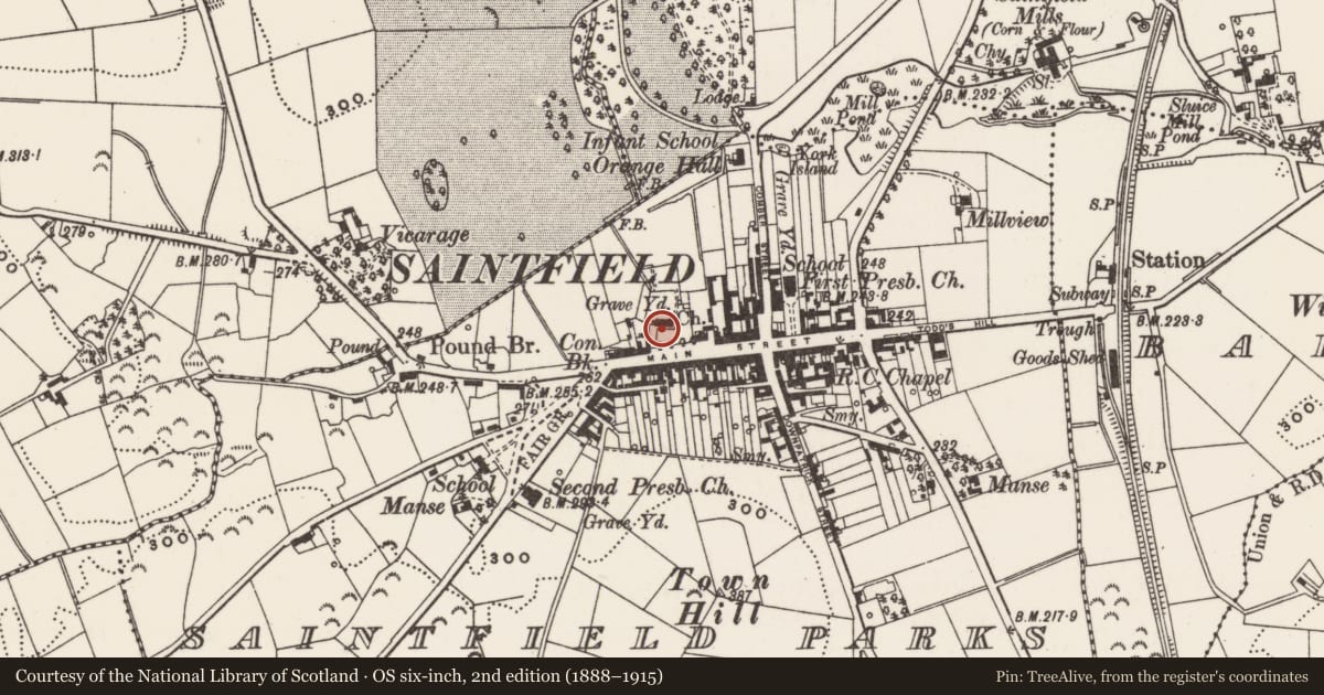 Ordnance Survey six-inch map, 2nd edition (1888–1915) covering the location of Saintfield Parish Church, Newry, Mourne and Down, with a pin at the register's coordinates