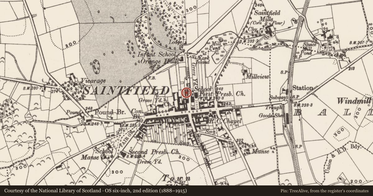 Ordnance Survey six-inch map, 2nd edition (1888–1915) covering the location of 14 Comber St., Newry, Mourne and Down, with a pin at the register's coordinates