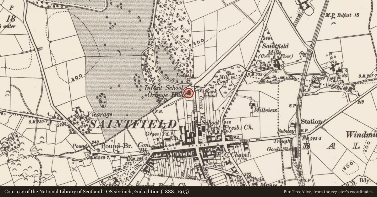 Ordnance Survey six-inch map, 2nd edition (1888–1915) covering the location of Former Saintfield Parish Hall, Newry, Mourne and Down, with a pin at the register's coordinates