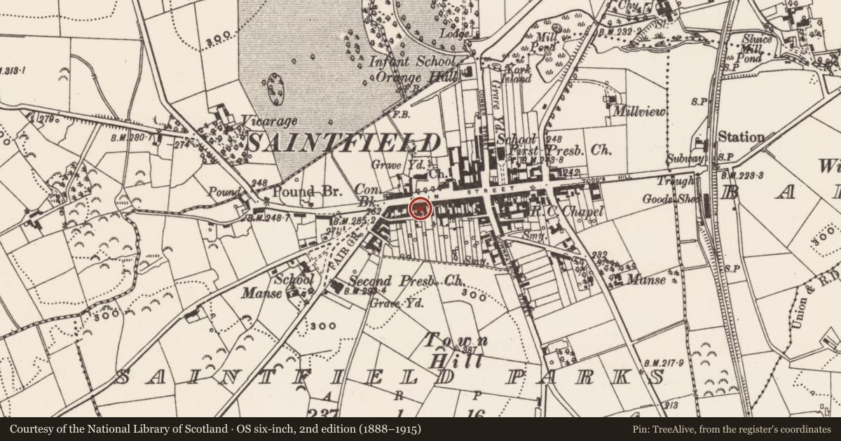 Ordnance Survey six-inch map, 2nd edition (1888–1915) covering the location of 70 Main St., Newry, Mourne and Down, with a pin at the register's coordinates