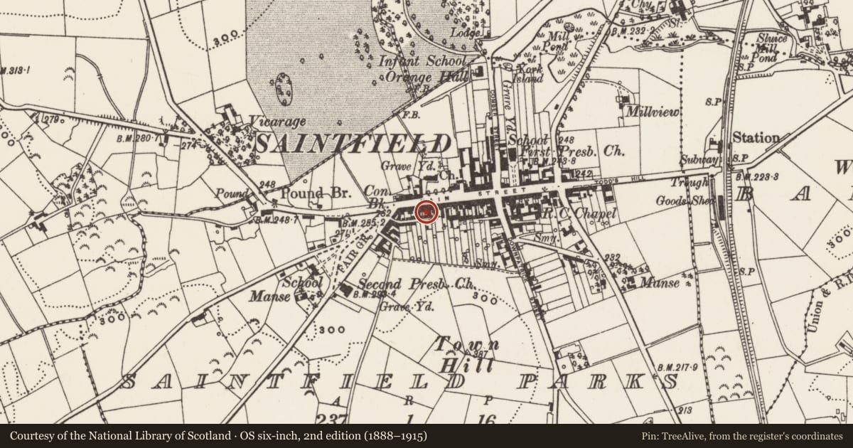 Ordnance Survey six-inch map, 2nd edition (1888–1915) covering the location of 72-74 Main St., Newry, Mourne and Down, with a pin at the register's coordinates
