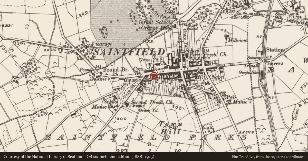 Ordnance Survey six-inch map, 2nd edition (1888–1915) covering the location of 76 Main St., Newry, Mourne and Down, with a pin at the register's coordinates
