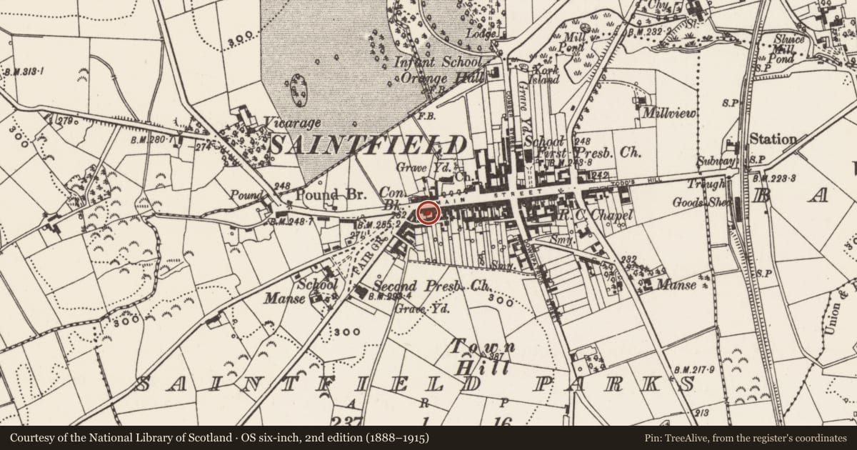 Ordnance Survey six-inch map, 2nd edition (1888–1915) covering the location of 82 Main St., Newry, Mourne and Down, with a pin at the register's coordinates