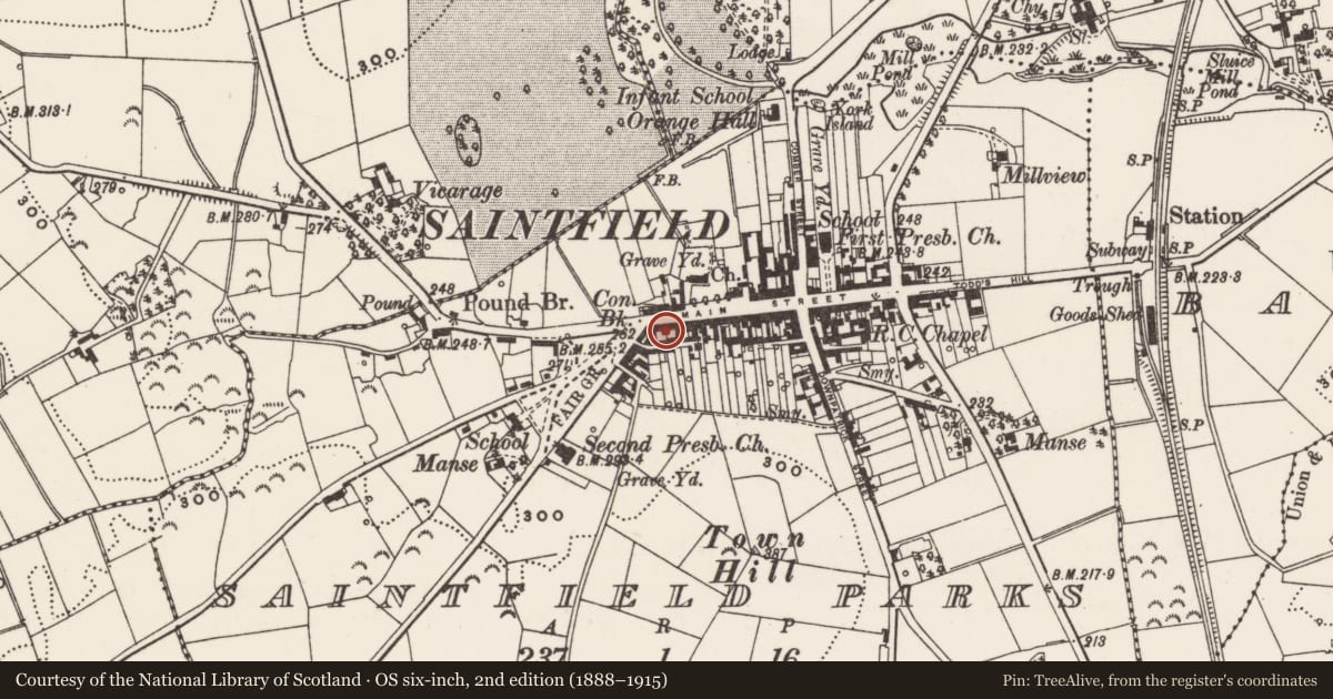 Ordnance Survey six-inch map, 2nd edition (1888–1915) covering the location of 84 Main St., Newry, Mourne and Down, with a pin at the register's coordinates