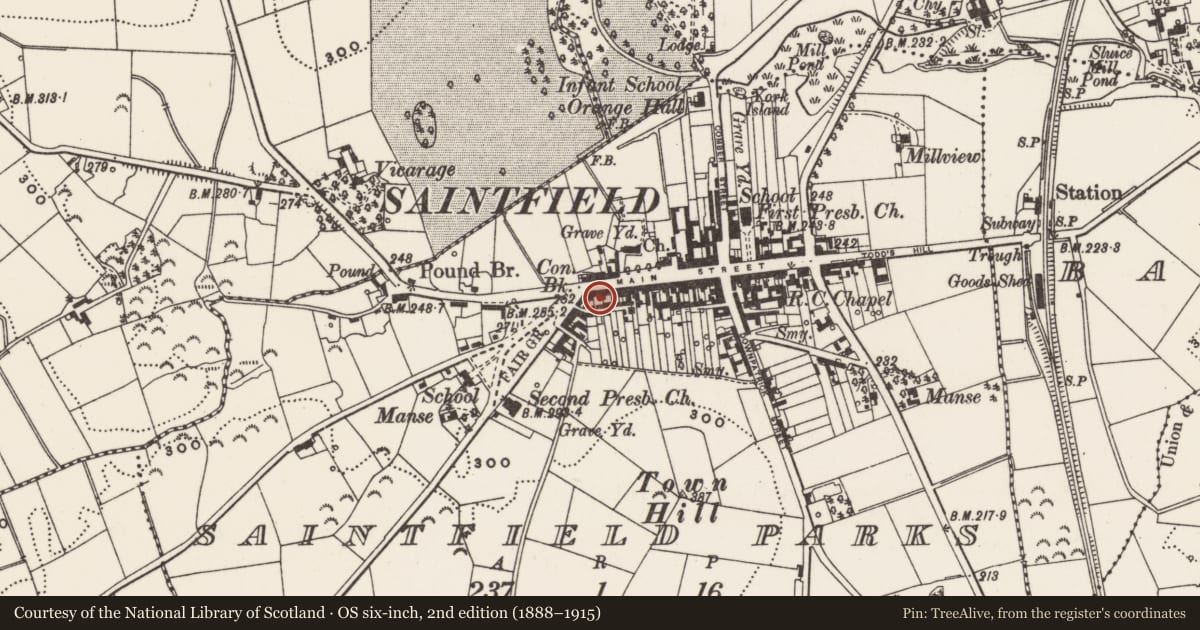 Ordnance Survey six-inch map, 2nd edition (1888–1915) covering the location of 86 Main St., Newry, Mourne and Down, with a pin at the register's coordinates