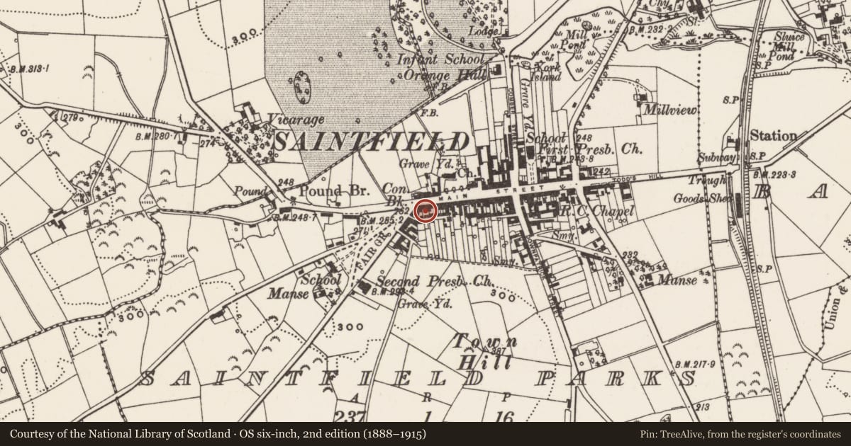 Ordnance Survey six-inch map, 2nd edition (1888–1915) covering the location of 88 Main St., Newry, Mourne and Down, with a pin at the register's coordinates