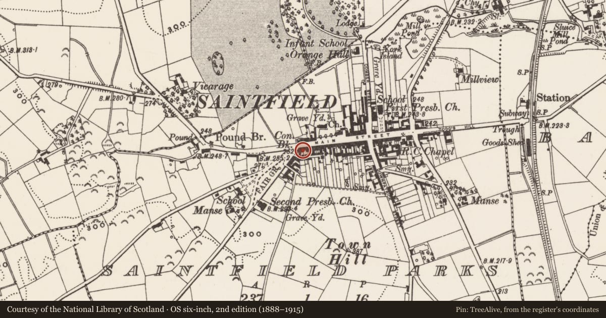 Ordnance Survey six-inch map, 2nd edition (1888–1915) covering the location of 90 Main St., Newry, Mourne and Down, with a pin at the register's coordinates