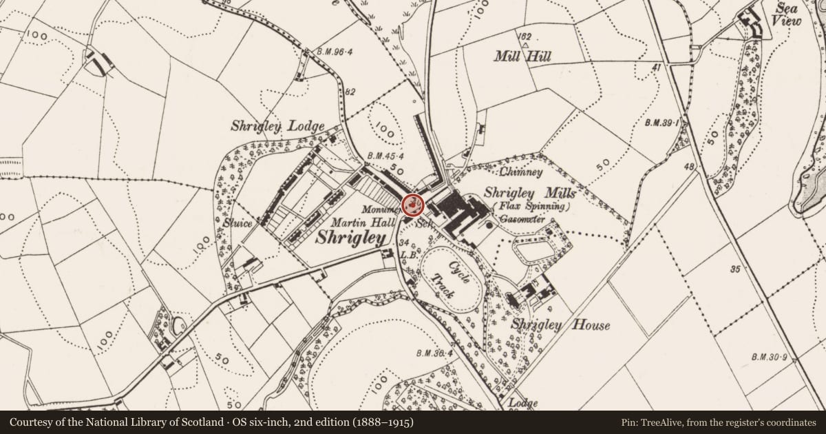 Ordnance Survey six-inch map, 2nd edition (1888–1915) covering the location of John Martin Monument, Tullyveery, Newry, Mourne and Down, with a pin at the register's coordinates