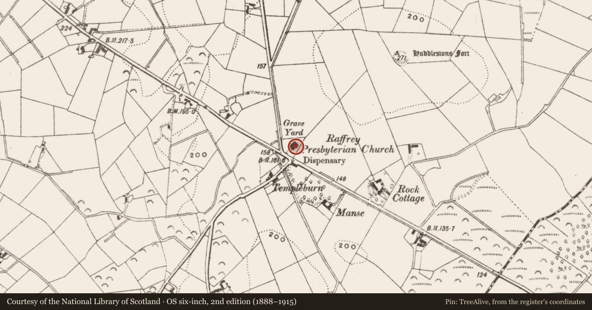 Ordnance Survey six-inch map, 2nd edition (1888–1915) covering the location of Raffrey Presbyterian Church, Newry, Mourne and Down, with a pin at the register's coordinates
