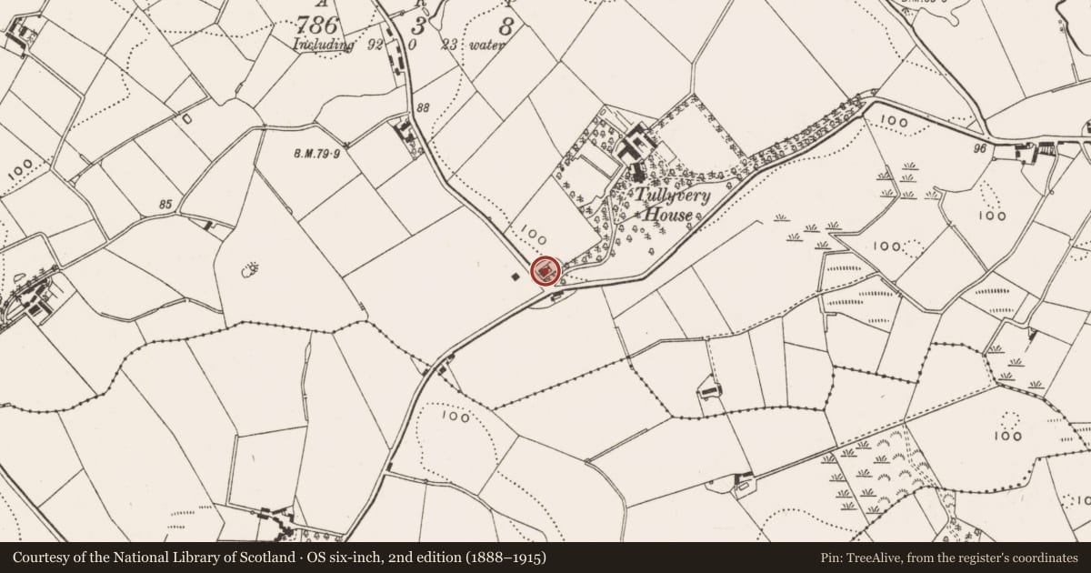 Ordnance Survey six-inch map, 2nd edition (1888–1915) covering the location of 1-3 Tullyveery Road, Newry, Mourne and Down, with a pin at the register's coordinates