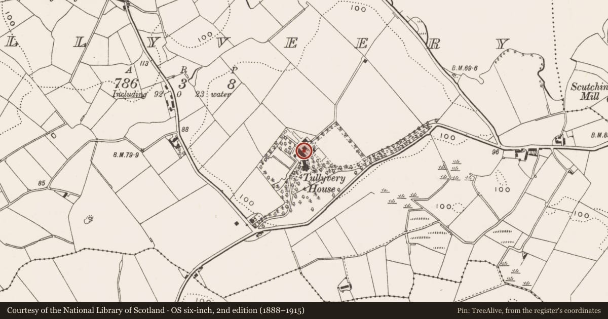 Ordnance Survey six-inch map, 2nd edition (1888–1915) covering the location of Outbuildings at Tullyveery House, Newry, Mourne and Down, with a pin at the register's coordinates