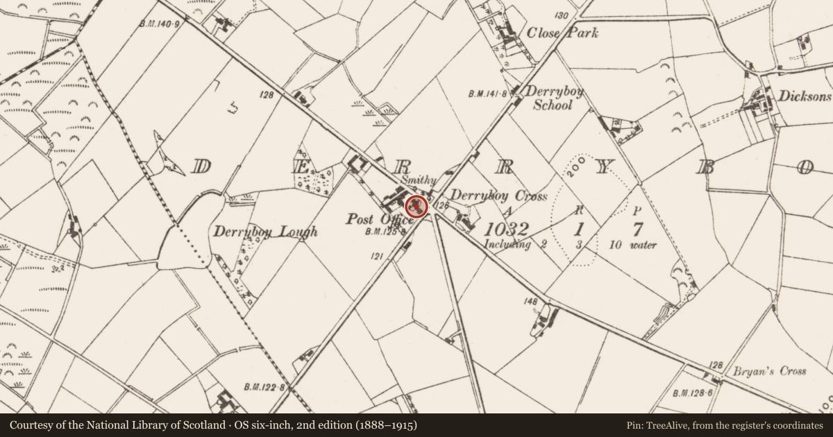 Ordnance Survey six-inch map, 2nd edition (1888–1915) covering the location of 2-4 Manse Road, Derryboy, Newry, Mourne and Down, with a pin at the register's coordinates