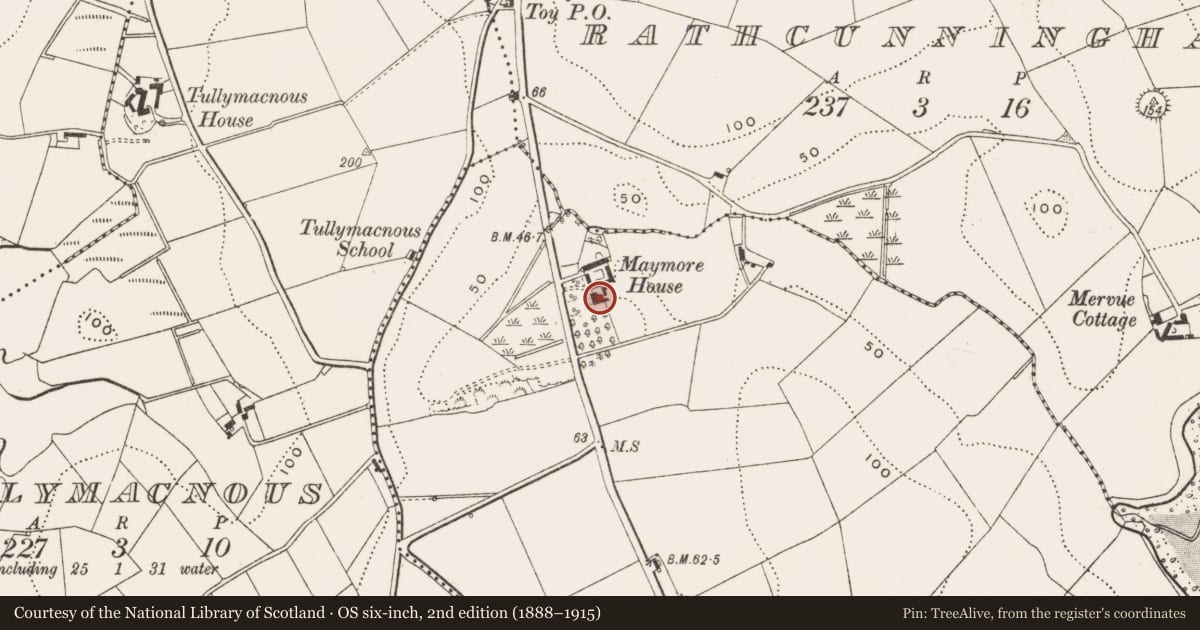 Ordnance Survey six-inch map, 2nd edition (1888–1915) covering the location of Maymore House, Moymore, Newry, Mourne and Down, with a pin at the register's coordinates