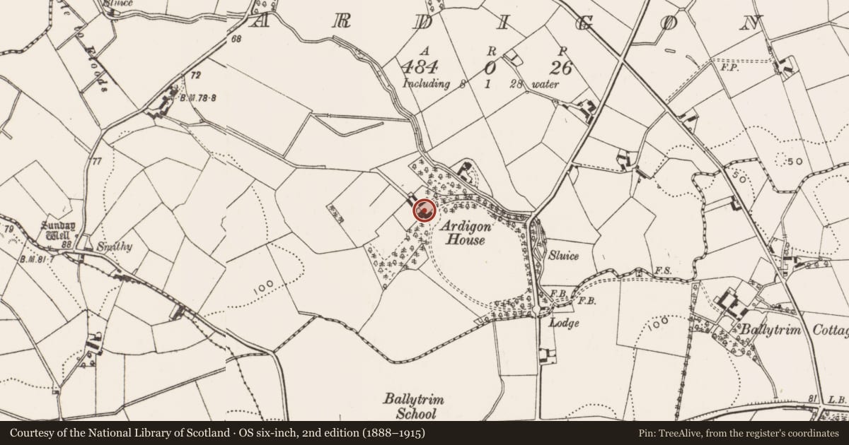 Ordnance Survey six-inch map, 2nd edition (1888–1915) covering the location of Ardigon House, Newry, Mourne and Down, with a pin at the register's coordinates