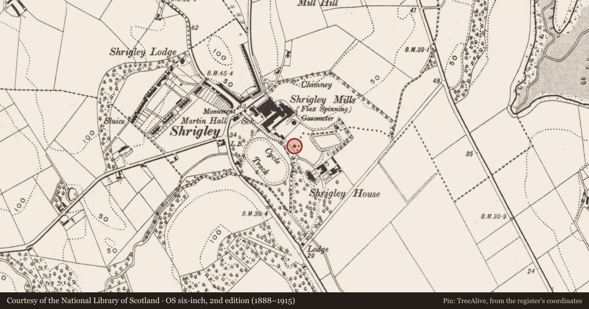 Ordnance Survey six-inch map, 2nd edition (1888–1915) covering the location of Former flax mill complex, Tullyveery, Newry, Mourne and Down, with a pin at the register's coordinates