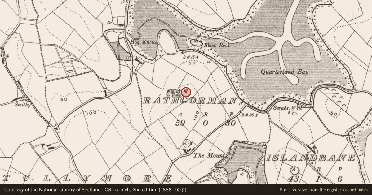 Ordnance Survey six-inch map, 2nd edition (1888–1915) covering the location of Rathgorman church ruin, Newry, Mourne and Down, with a pin at the register's coordinates