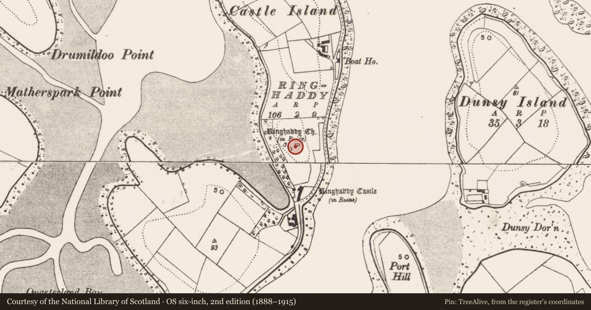 Ordnance Survey six-inch map, 2nd edition (1888–1915) covering the location of Ringhaddy Church ruin, Newry, Mourne and Down, with a pin at the register's coordinates
