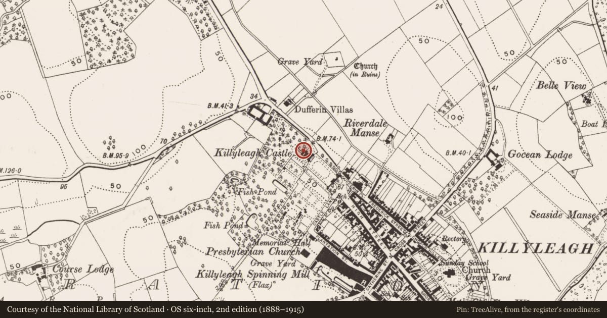 Ordnance Survey six-inch map, 2nd edition (1888–1915) covering the location of The Bawn, Newry, Mourne and Down, with a pin at the register's coordinates