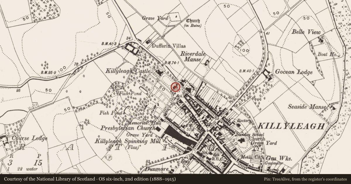 Ordnance Survey six-inch map, 2nd edition (1888–1915) covering the location of Gates/Screens/Lodges, Newry, Mourne and Down, with a pin at the register's coordinates