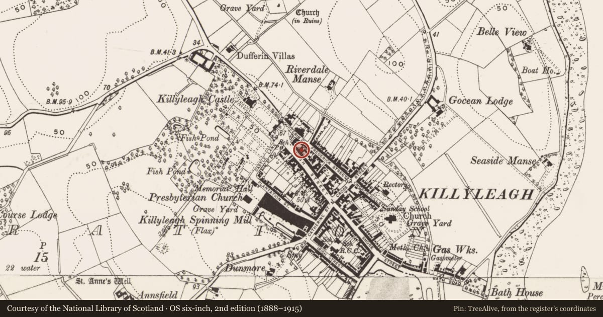 Ordnance Survey six-inch map, 2nd edition (1888–1915) covering the location of Dufferin Arms, Newry, Mourne and Down, with a pin at the register's coordinates