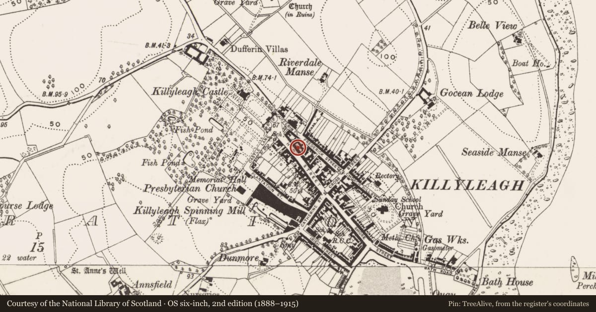 Ordnance Survey six-inch map, 2nd edition (1888–1915) covering the location of Ulster Bank, Newry, Mourne and Down, with a pin at the register's coordinates