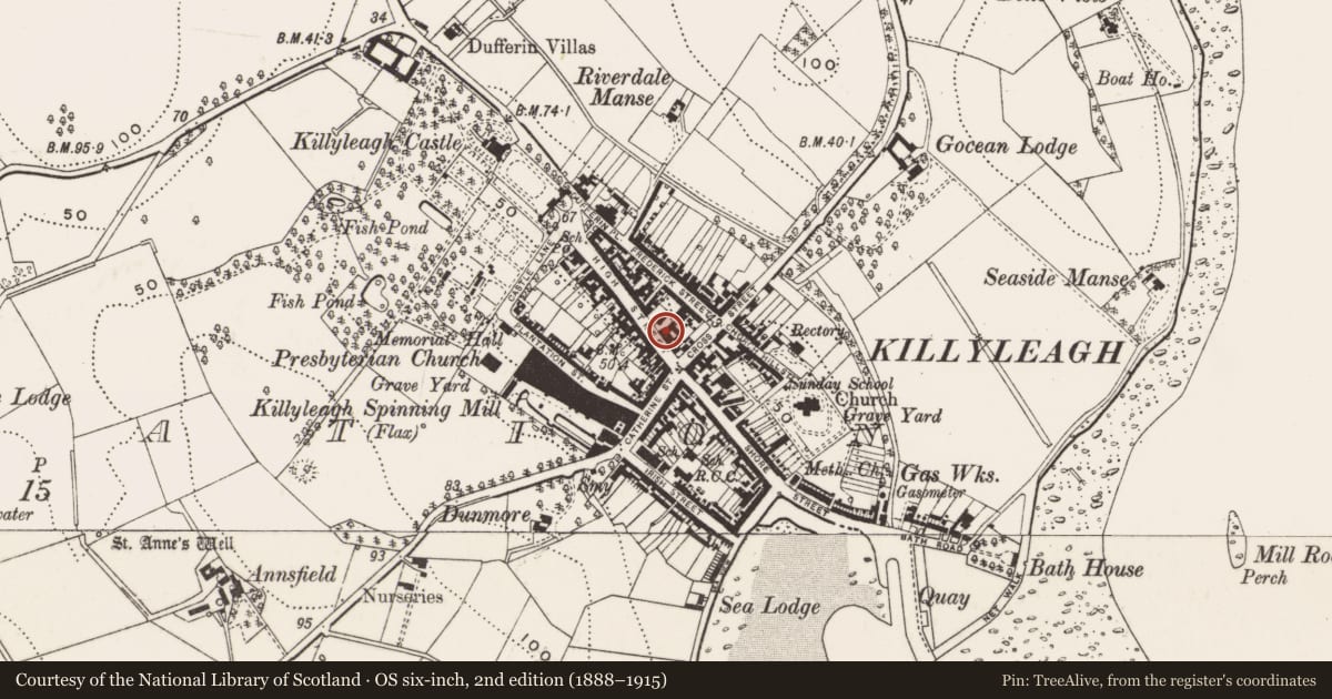 Ordnance Survey six-inch map, 2nd edition (1888–1915) covering the location of 11 High St., Newry, Mourne and Down, with a pin at the register's coordinates