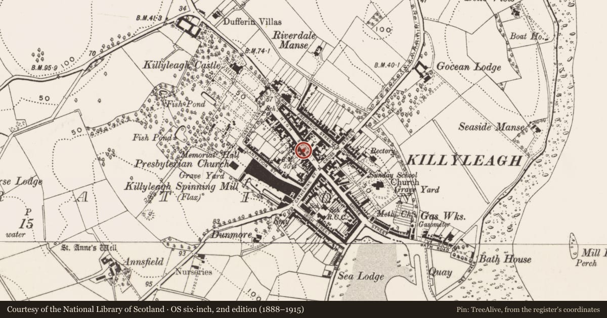 Ordnance Survey six-inch map, 2nd edition (1888–1915) covering the location of 18 High St., Newry, Mourne and Down, with a pin at the register's coordinates