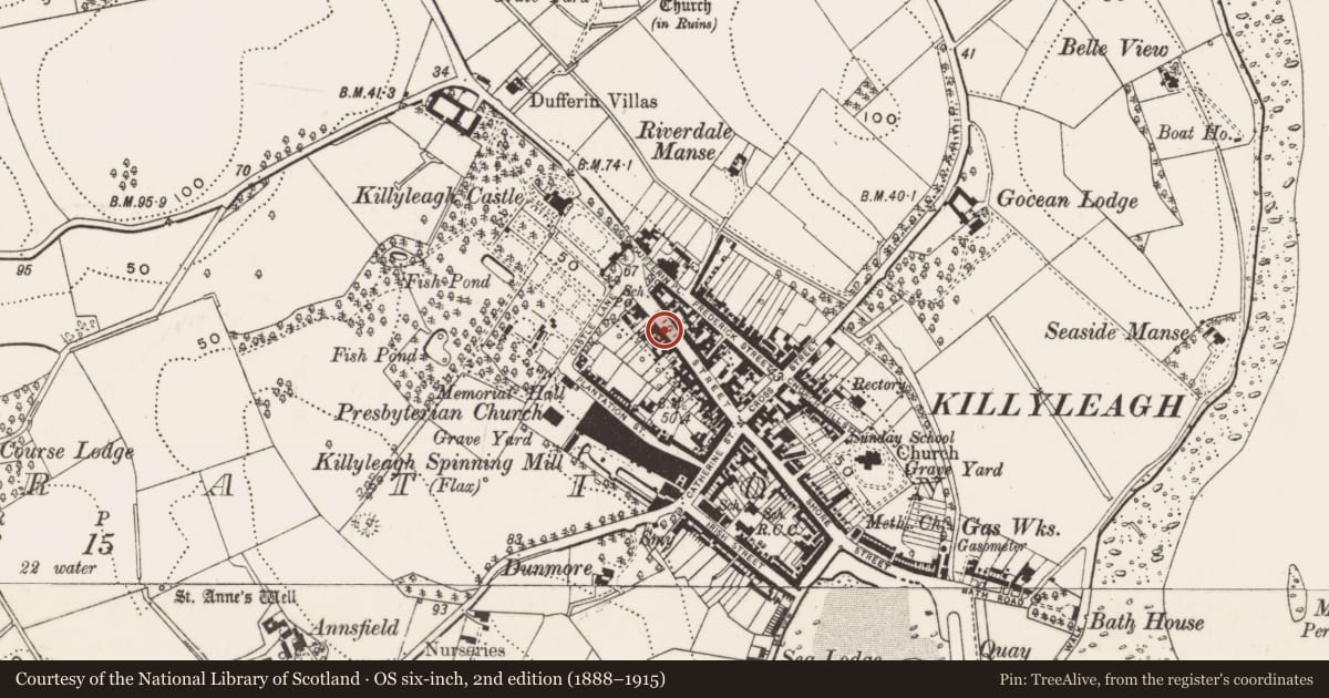 Ordnance Survey six-inch map, 2nd edition (1888–1915) covering the location of 38 High St., Newry, Mourne and Down, with a pin at the register's coordinates