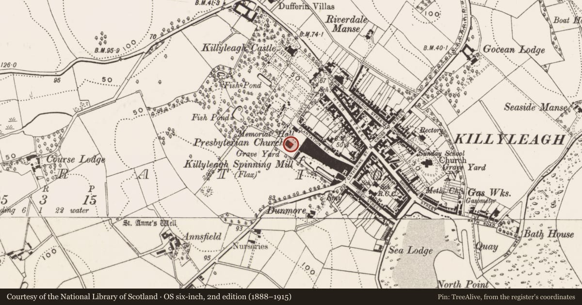 Ordnance Survey six-inch map, 2nd edition (1888–1915) covering the location of First Presbyterian Church, Newry, Mourne and Down, with a pin at the register's coordinates