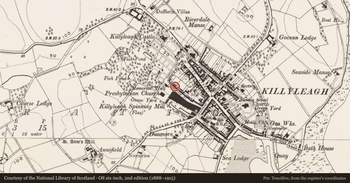 Ordnance Survey six-inch map, 2nd edition (1888–1915) covering the location of 3 Plantation St., Newry, Mourne and Down, with a pin at the register's coordinates