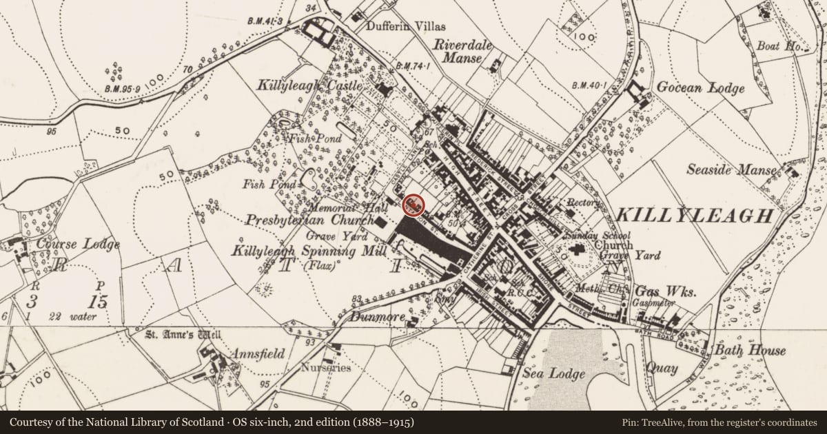 Ordnance Survey six-inch map, 2nd edition (1888–1915) covering the location of 4 Plantation St., Newry, Mourne and Down, with a pin at the register's coordinates