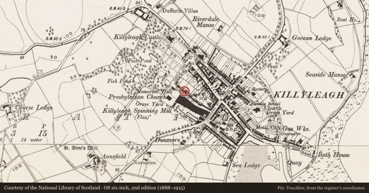 Ordnance Survey six-inch map, 2nd edition (1888–1915) covering the location of 5 Plantation St., Newry, Mourne and Down, with a pin at the register's coordinates