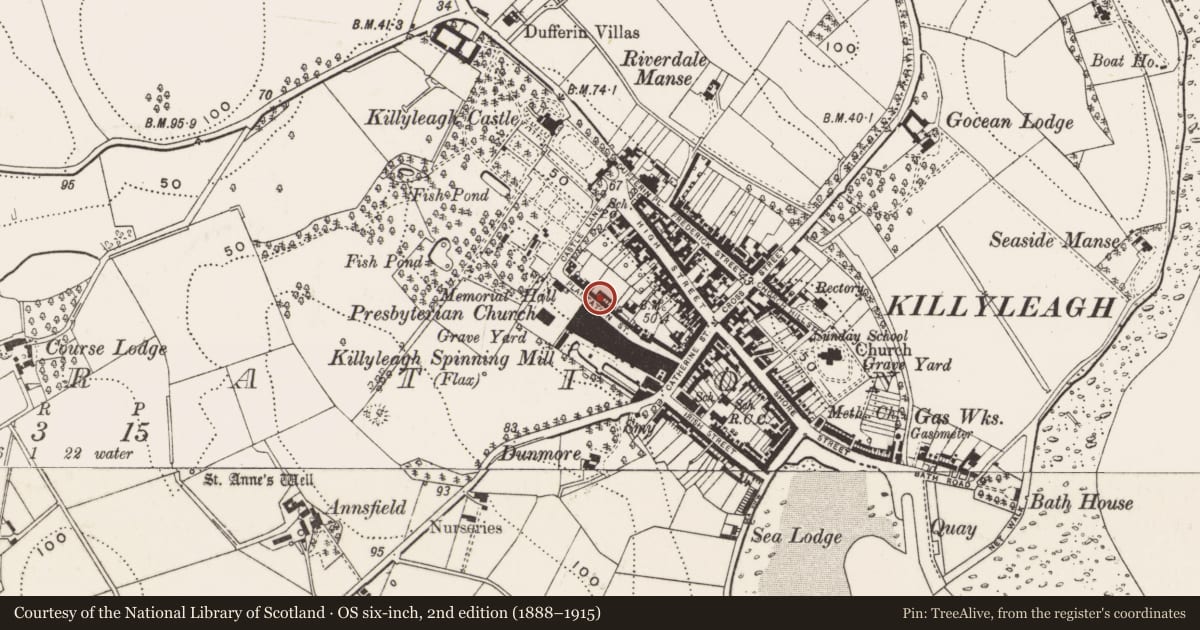 Ordnance Survey six-inch map, 2nd edition (1888–1915) covering the location of 6 Plantation St., Newry, Mourne and Down, with a pin at the register's coordinates